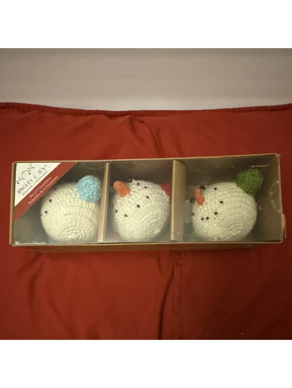 Yarn Snowman Christmas Ornaments Decorative White Multicolor Set of 3 Boxed